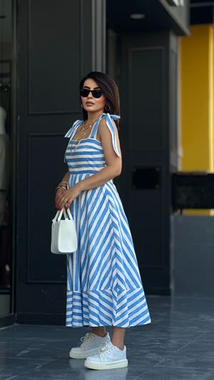Blue Striped Off-Shoulder Dress