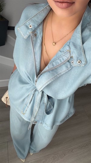 Mavi Denim Görünümlü Tencel Yelek-Pantolon Takım