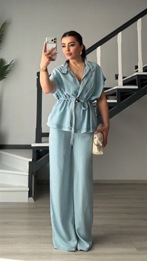 Mavi Denim Görünümlü Tencel Yelek-Pantolon Takım
