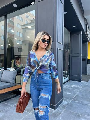 Blue Patterned Tie-Up Crop Shirt