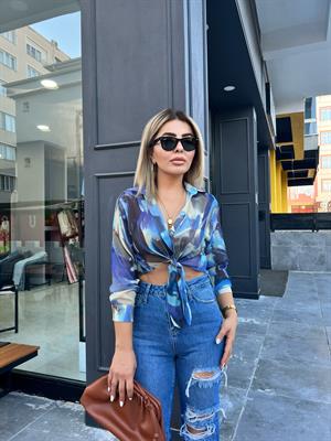 Blue Patterned Tie-Up Crop Shirt