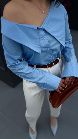 Blue Off-Shoulder Poplin Shirt