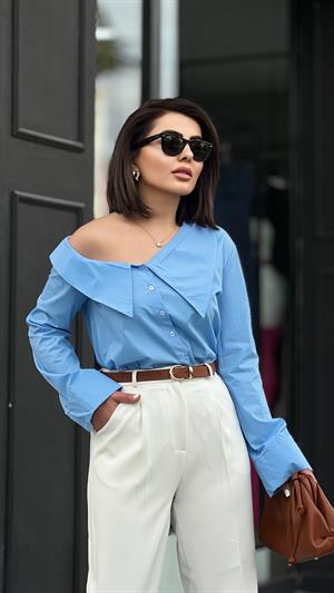 Blue Off-Shoulder Poplin Shirt