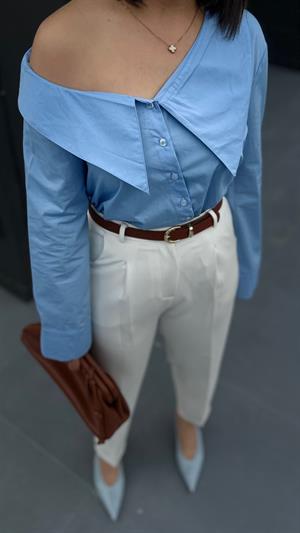 Blue Off-Shoulder Poplin Shirt