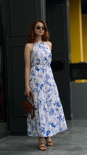 Mavi Floral Desen Keten Elbise 