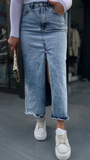 Mavi Kar Yıkama Yırtmaçlı Denim Etek