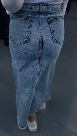 Mavi Kar Yıkama Yırtmaçlı Denim Etek