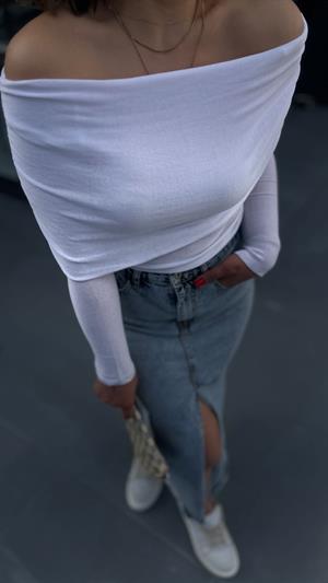Mavi Kar Yıkama Yırtmaçlı Denim Etek