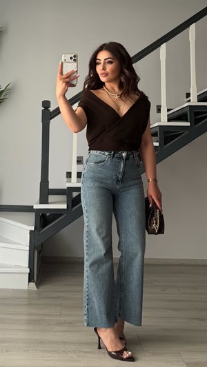 Blue Lycra Raw Hem Flare Jeans