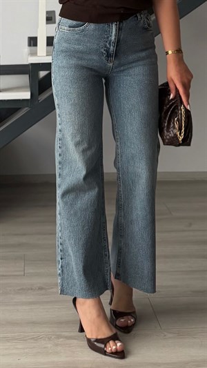 Blue Lycra Raw Hem Flare Jeans