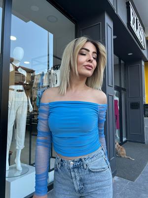 Mavi Madonna Yaka Kolları Tül Bluz