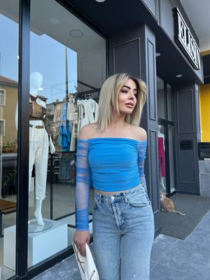 Mavi Madonna Yaka Kolları Tül Bluz