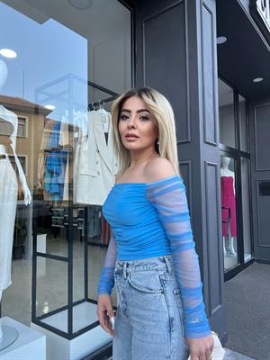 Mavi Madonna Yaka Kolları Tül Bluz