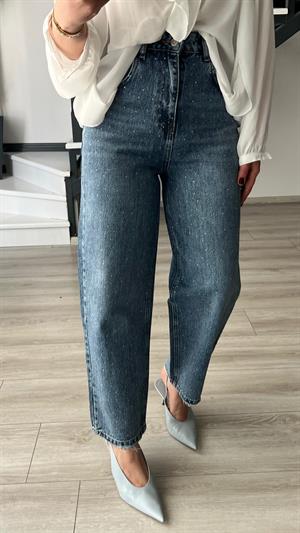 Mavi Minimal Taşlı Skater Jean