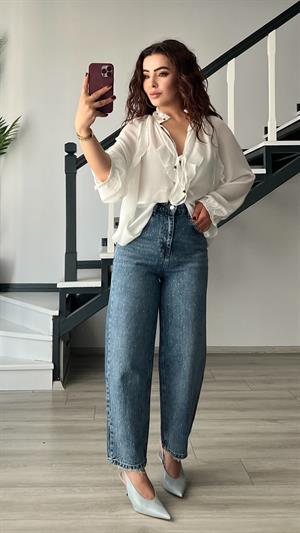 Mavi Minimal Taşlı Skater Jean