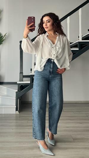Mavi Minimal Taşlı Skater Jean