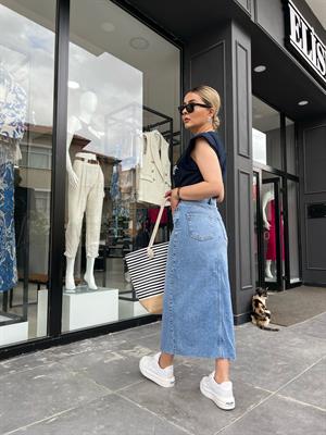Mavi Önü Yırtmaçlı 5 Düğme Denim Etek