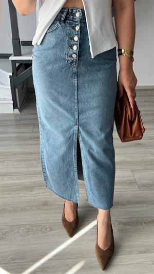 Mavi OSL1 5 Düğme Yırtmaçlı Denim Etek