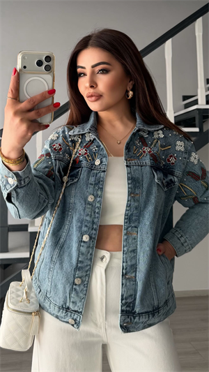 Mavi Taşlı-Nakış İşlemeli Denim Ceket