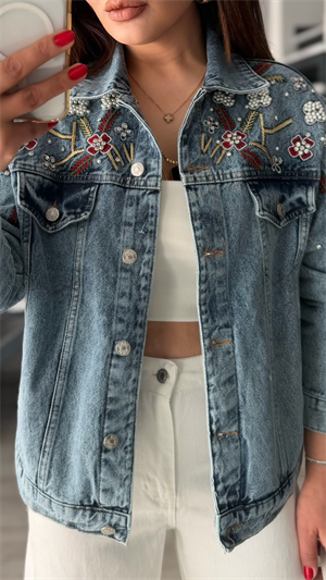 Mavi Taşlı-Nakış İşlemeli Denim Ceket