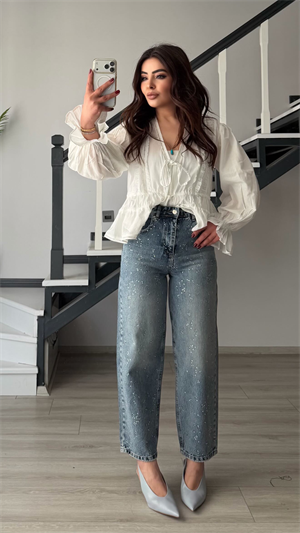Mavi Taşlı Skater Jean