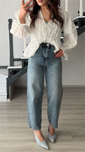 Mavi Taşlı Skater Jean
