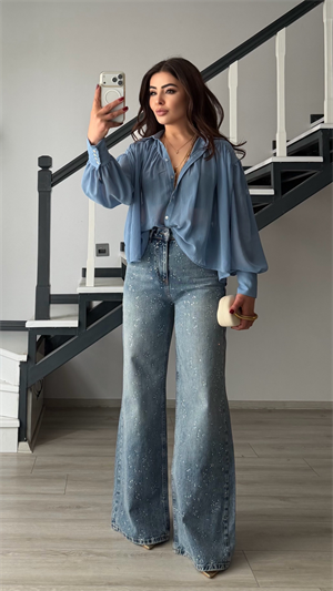 Mavi Taşlı Wide Leg Jean
