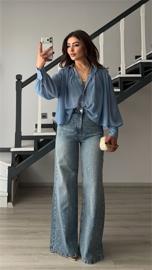 Mavi Taşlı Wide Leg Jean