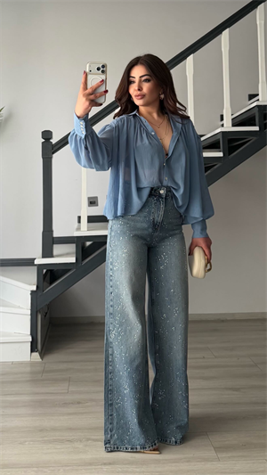 Mavi Taşlı Wide Leg Jean