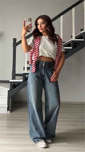 Mavi Yıkamalı Çift Düğme Baggy Jean