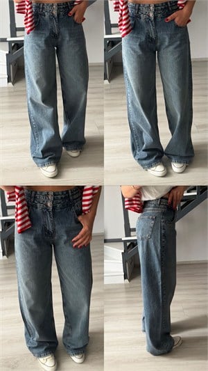 Mavi Yıkamalı Çift Düğme Baggy Jean