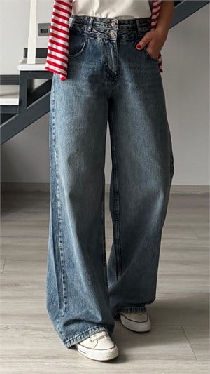Mavi Yıkamalı Çift Düğme Baggy Jean