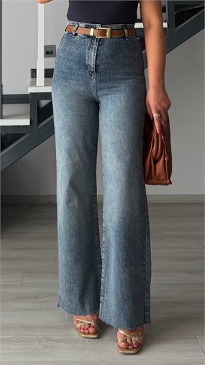Blue Washed Belted Stretch Straight Jeans