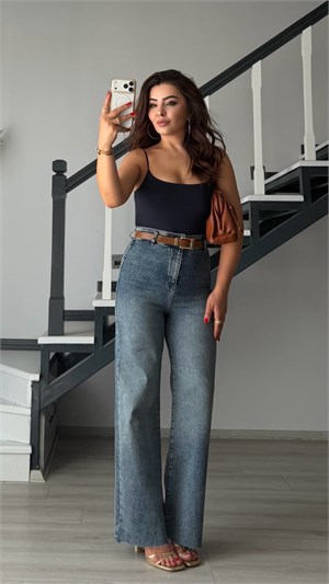 Blue Washed Belted Stretch Straight Jeans