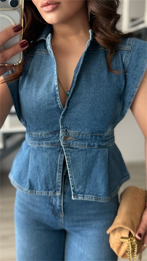 Mavi Yıkamalı Tek Düğme Denim Yelek