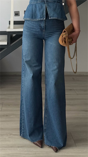 Mavi Yıkamalı Wide Leg Jean