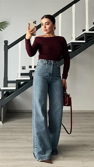 Mavi Zımba Detaylı Wide Leg Jean