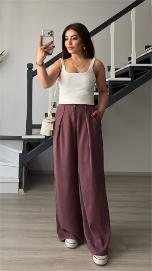Mürdüm Bel Lastikli Tensl Pantolon