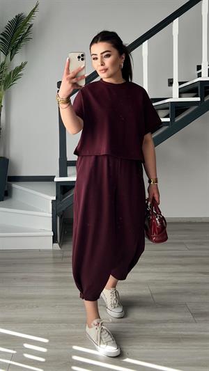 Mürdüm Modal Kumaş Tişört-Pantolon Takım