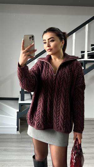 Mürdüm Saç Örgülü Kamyoner Yaka Kazak 