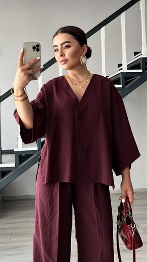 Mürdüm Tnsel Tek Düğme Bluz-Pantolon Takım