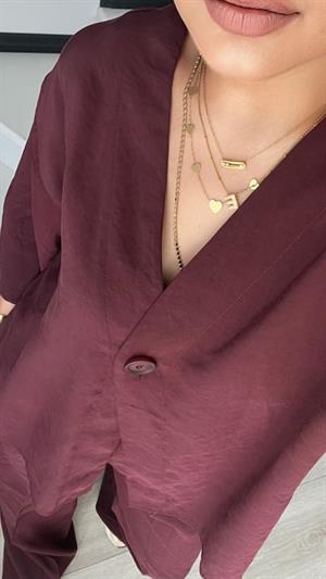 Mürdüm Tnsel Tek Düğme Bluz-Pantolon Takım
