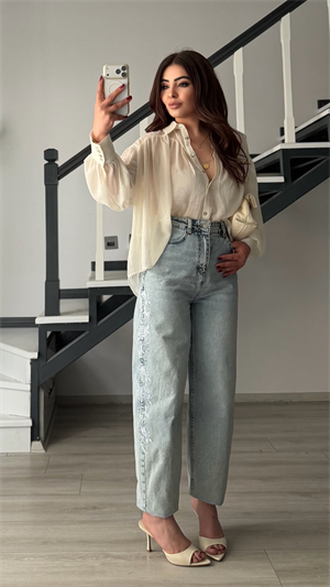 Nakışlı Barrel Fit Jean
