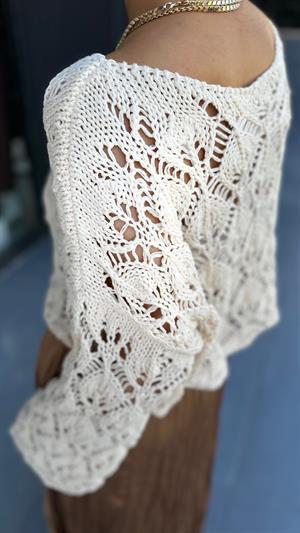 Natural Boat Neck Openwork Knit Sweater