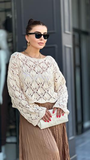 Natural Boat Neck Openwork Knit Sweater