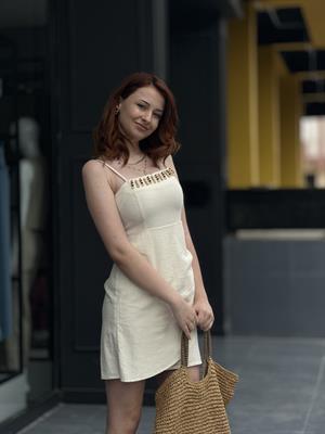 Natural Keten Mini Elbise 