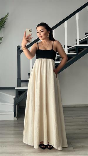 Natural Patchwork Maxi Keten Elbise 