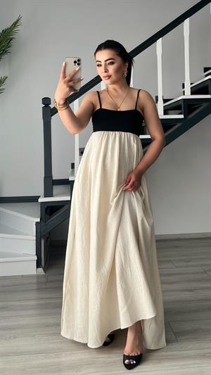 Natural Patchwork Maxi Keten Elbise 