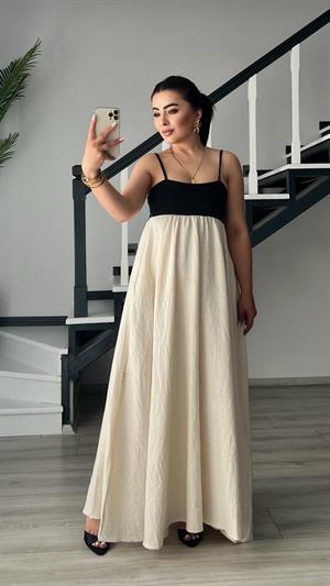 Natural Patchwork Maxi Keten Elbise 