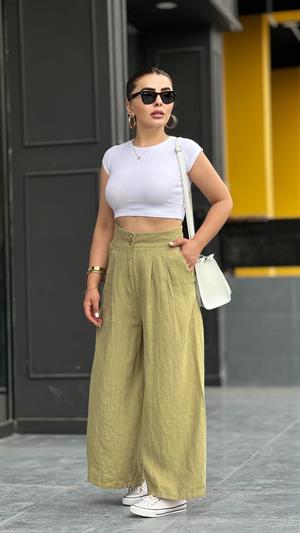 Olive % 100 Ham Keten Çift Pensli Çift Düğmeli Bol Paça Pantolon